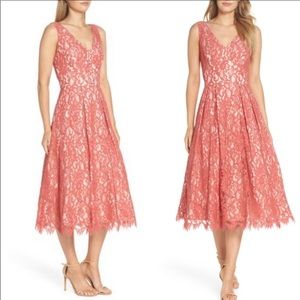 ELIZA J V-neck Coral Lace Scalloped Midi Dress